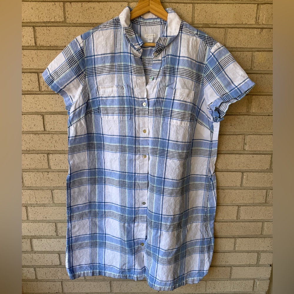 J.Jill Love Linen Plaid Shirt Dress | Coastal Blue | Short Sleeve | Petite XL